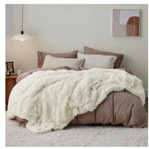 Fluffy Cream Large Blanket for Bed, Thick Soft Sherpa Faux fur‎ ivory